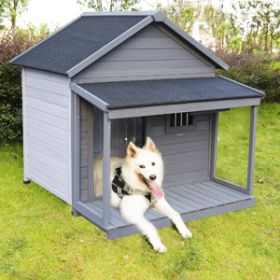 Large balcony doghouse, 44.2" long x 44.6" wide x 44.6" high solid wood asphalt roof dog house for large dogs with large terrace