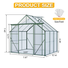 Double Door Polycarbonate Greenhouse Raised Base And Anchor Aluminum Heavy Duty Walk-in Greenhouses For Outdoor Backyard In All Season (Option: Green-8x6FT)