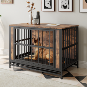 Dog Crate Furniture, Wooden Dog Crate Table, 38.9 Dog Kennel With 2 Sliding Doors And Thick Iron Door Frame, Decorative Pet Crate House For Large (Option: Black Brown)